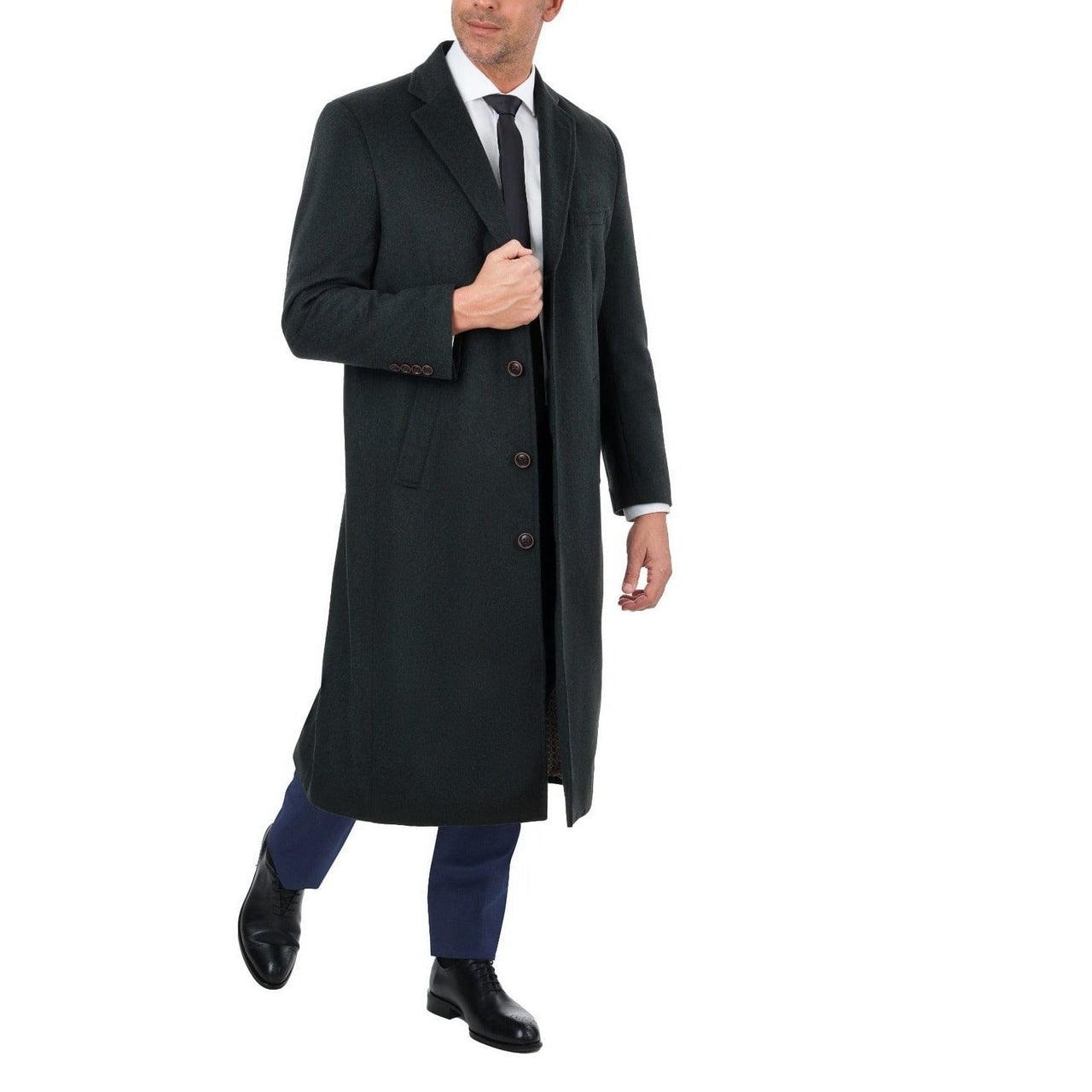 Label E OUTERWEAR Mens Regular Fit Solid Hunter Green Full Length Wool Cashmere Overcoat Top Coat