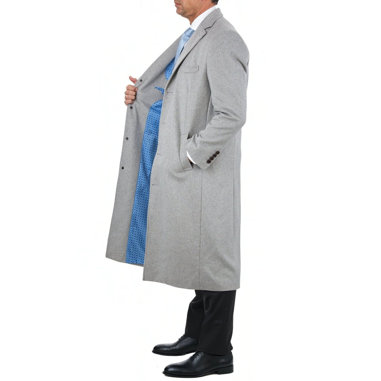 Label E OUTERWEAR Mens Regular Fit Solid Light Gray Full Length Wool Cashmere Overcoat Top Coat