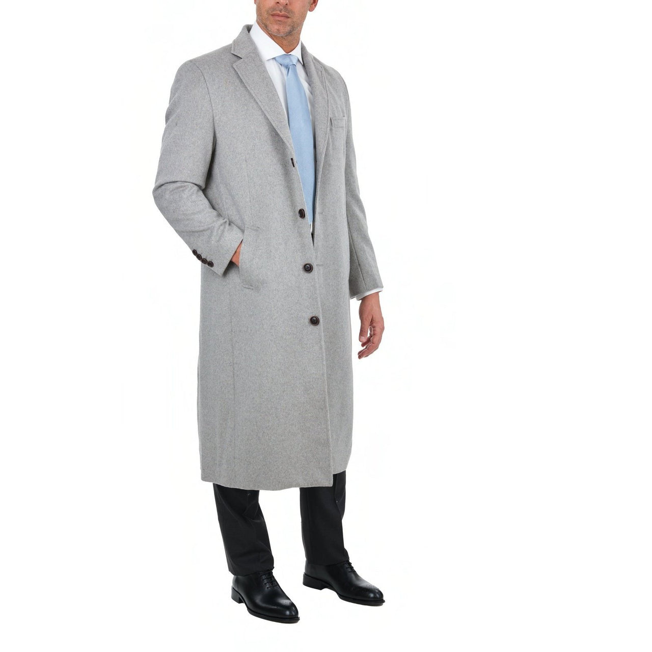 Label E OUTERWEAR Mens Regular Fit Solid Light Gray Full Length Wool Cashmere Overcoat Top Coat