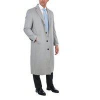 Thumbnail for Label E OUTERWEAR Mens Regular Fit Solid Light Gray Full Length Wool Cashmere Overcoat Top Coat