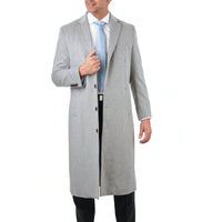 Thumbnail for Label E OUTERWEAR Mens Regular Fit Solid Light Gray Full Length Wool Cashmere Overcoat Top Coat