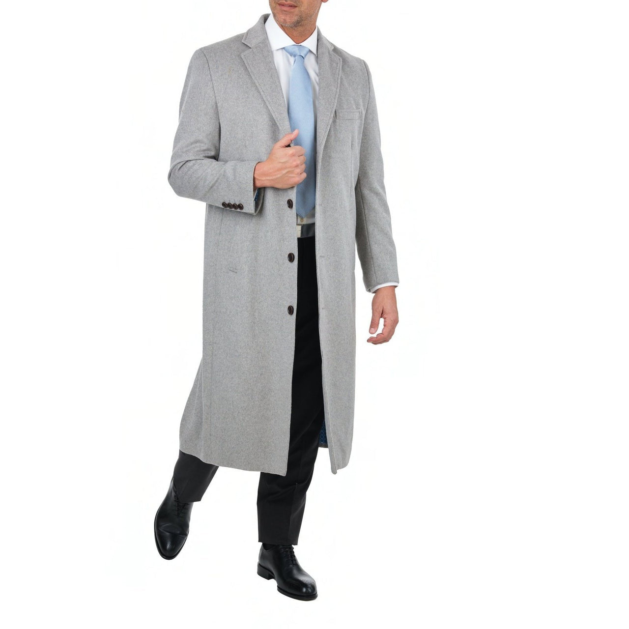 Label E OUTERWEAR Mens Regular Fit Solid Light Gray Full Length Wool Cashmere Overcoat Top Coat