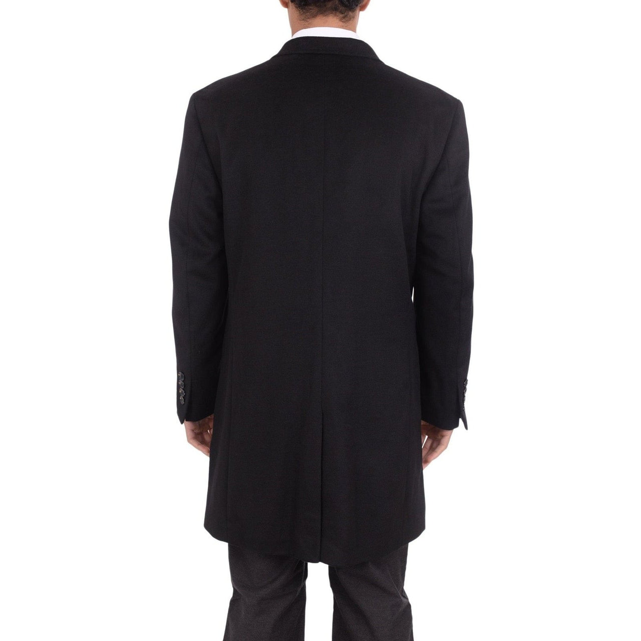 Label E OUTERWEAR Mens Solid Black 3/4 Length Double Breasted Wool Cashmere Overcoat Top Coat