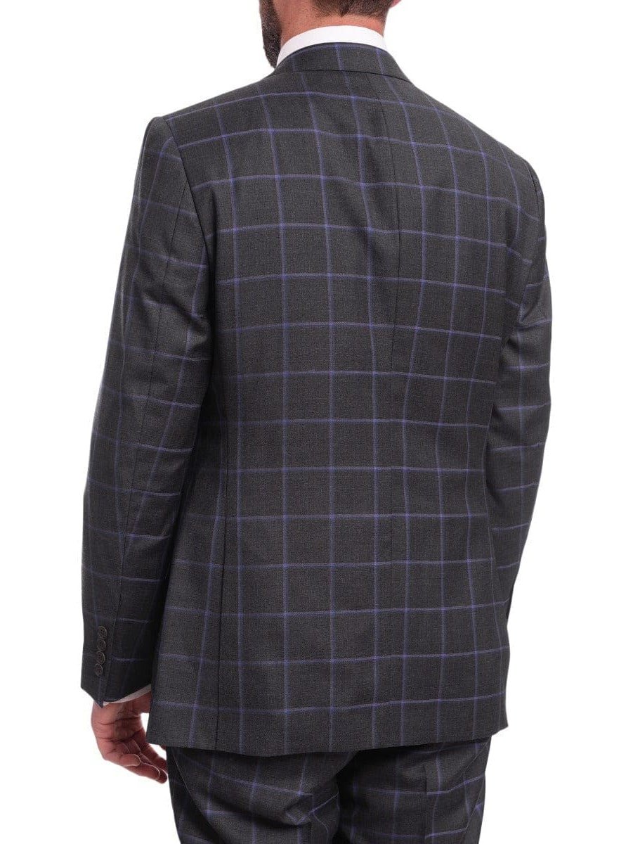 Label E TWO PIECE SUITS Mens Classic Fit Gray With Purple Windowpane Two Button Wool Suit