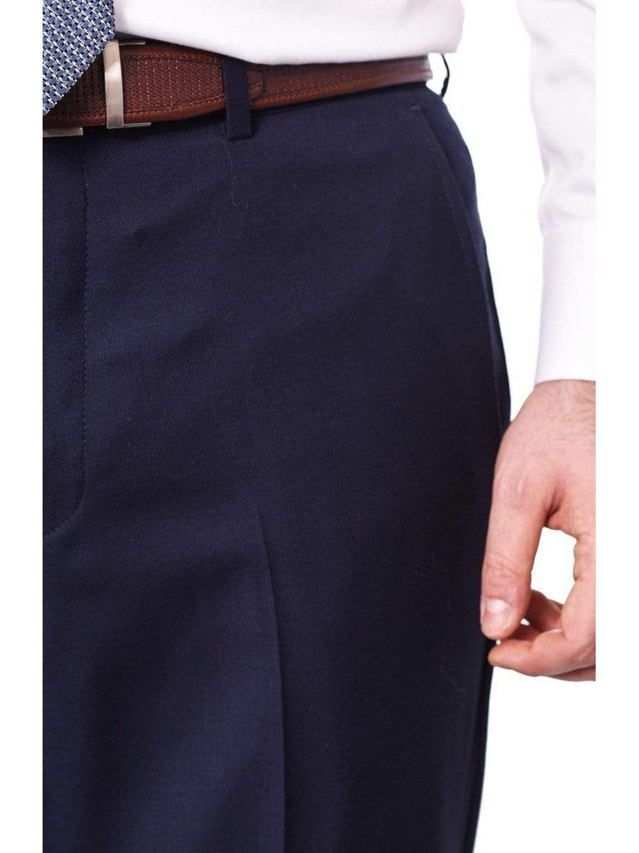 Label M PANTS Mens Classic Fit Solid Navy Blue Flat Front Wool Dress Pants