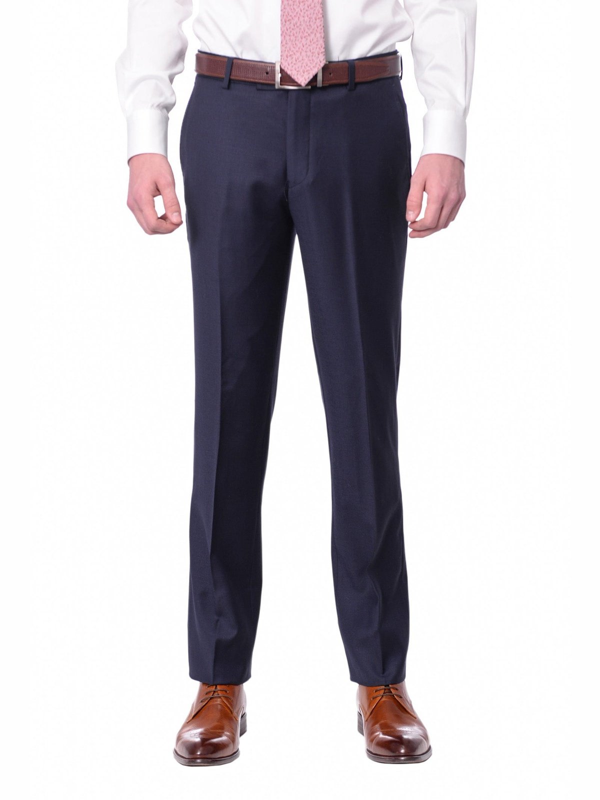 Label M PANTS Mens Slim Fit Solid Navy Blue Flat Front Wool Dress Pants