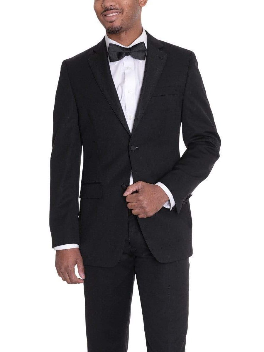 Label M TUXEDOS 46L Men's Classic Fit Solid Black Two Button 100% Wool Formal Tuxedo Suit