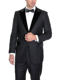 Thumbnail for Label M TUXEDOS Modern Fit Solid Black One Button Wool Blend Tuxedo Suit With Peak Lapels