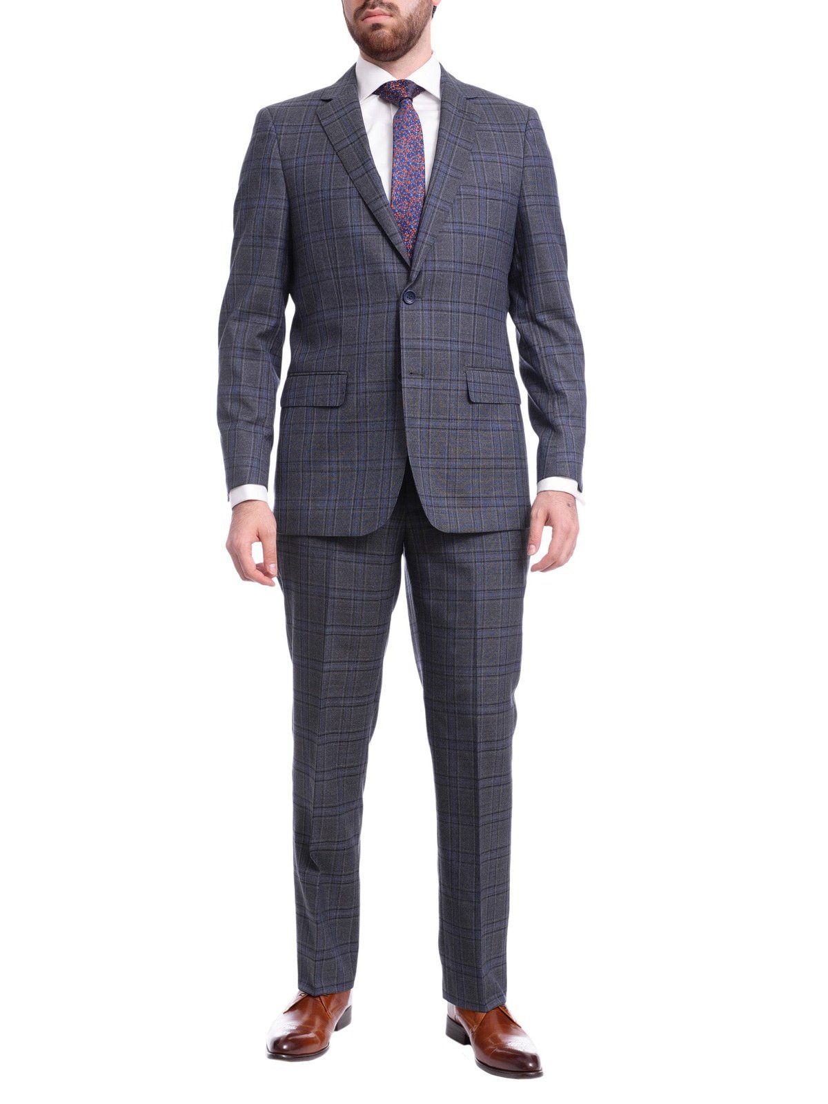 Label M TWO PIECE SUITS Men's Classic Fit Medium Blue Plaid Two Button Wool Suit