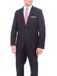 Thumbnail for London Fog 40L 34W Mens Slim Fit Navy Blue Plaid Two Button Wool Blend Designer Suit