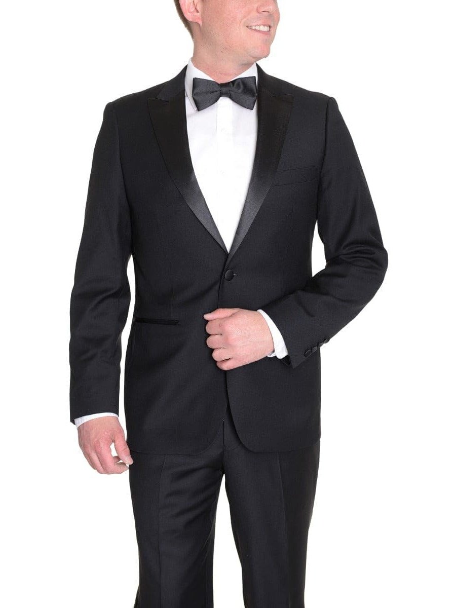 London Fog TUXEDOS Modern Fit Solid Black One Button Tuxedo Suit With Peak Lapels