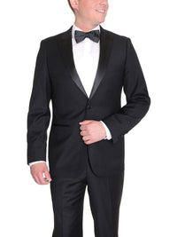 Thumbnail for London Fog TUXEDOS Modern Fit Solid Black One Button Tuxedo Suit With Peak Lapels