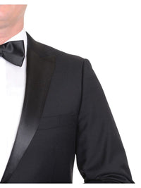 Thumbnail for London Fog TUXEDOS Modern Fit Solid Black One Button Tuxedo Suit With Peak Lapels