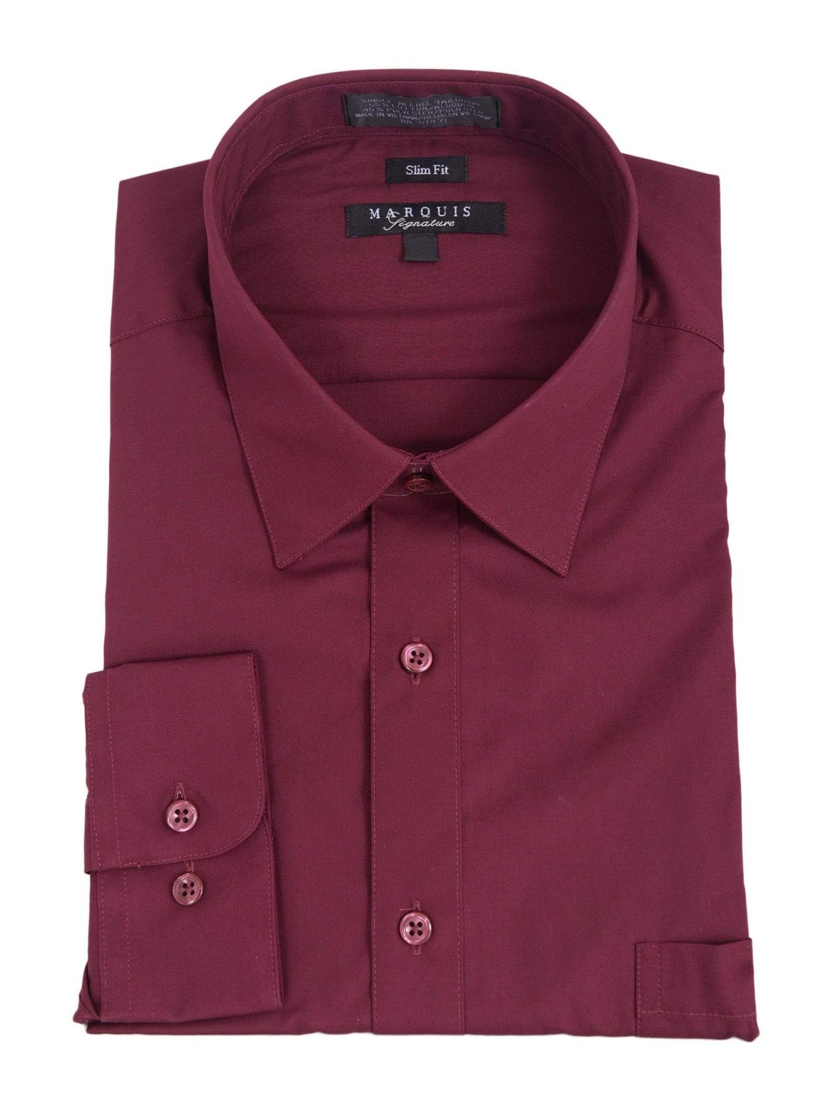 Marquis 18.5 36-37 Marquis Mens Slim Fit Solid Burgundy Wrinkle Resistant Cotton Blend Dress Shirt