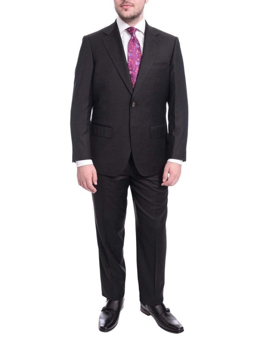 Max Davoli TWO PIECE SUITS 40S Mens Regular Fit Solid Black Two Button Half Canvassed Super 150s Wool Suit