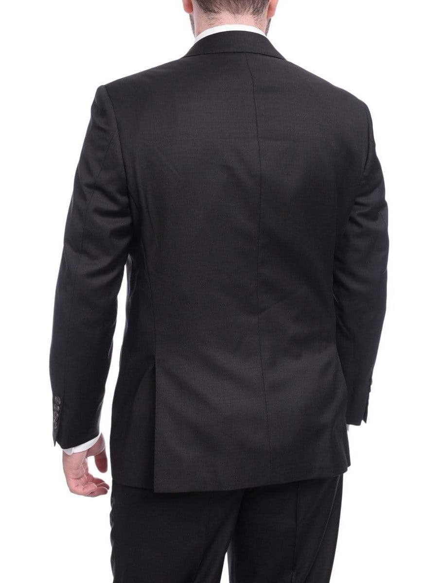 Max Davoli TWO PIECE SUITS Mens Regular Fit Solid Black Two Button Half Canvassed Super 150s Wool Suit