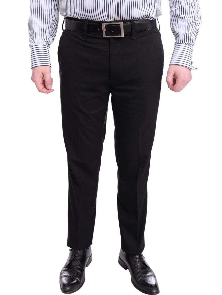 Mazari PANTS Mazari Slim Fit Solid Black Flat Front Washable Stretch Dress Pants