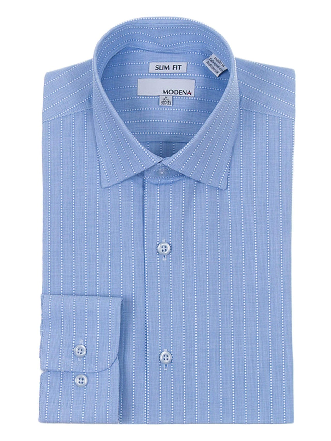 Modena SHIRTS 17 34/35 Mens Slim Fit Blue Dotted Stripe Spread Collar Cotton Blend Dress Shirt