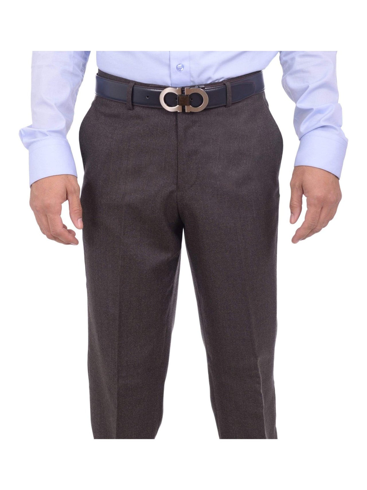 Napoli PANTS Mens Napoli Extra Slim Fit Brown Nailhead Flat Front Wool Dress Pants