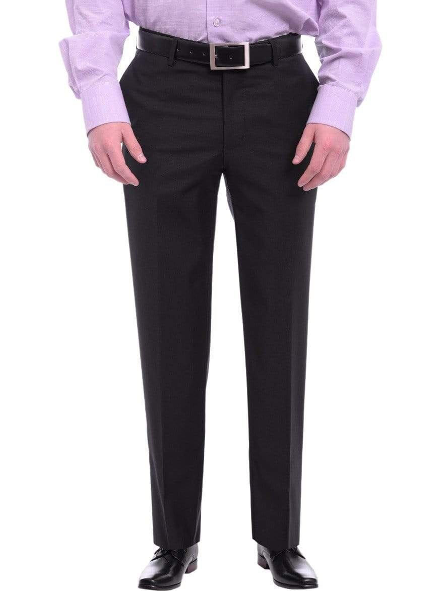 Napoli PANTS Mens Napoli Slim Fit Solid Black Flat Front Wool Dress Pants