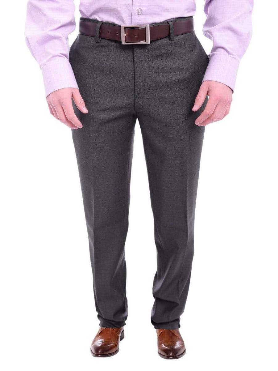 Napoli PANTS Mens Napoli Slim Fit Solid Charcoal Gray Flat Front Wool Dress Pants