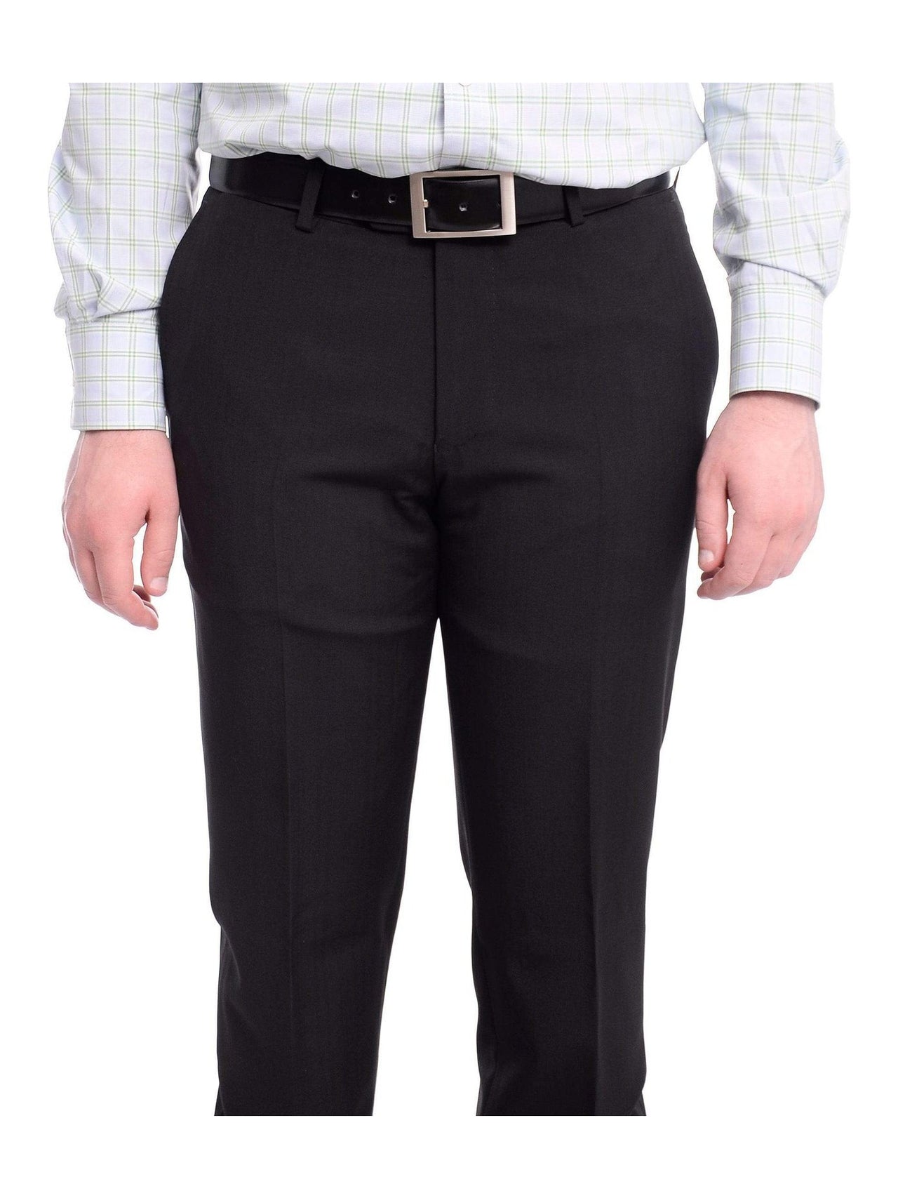 Napoli PANTS Napoli Slim Fit Black Subtle Tonal Plaid Flat Front Wool Dress Pants