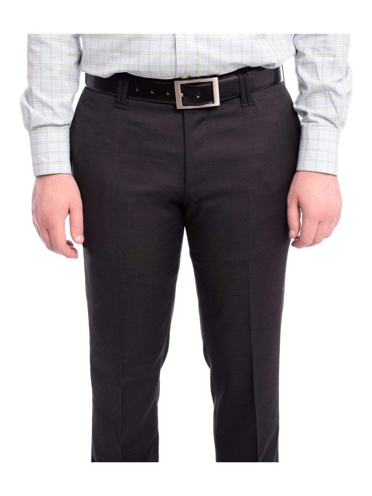 Napoli PANTS Napoli Slim Fit Black Textured Flat Front Wool Dress Pants