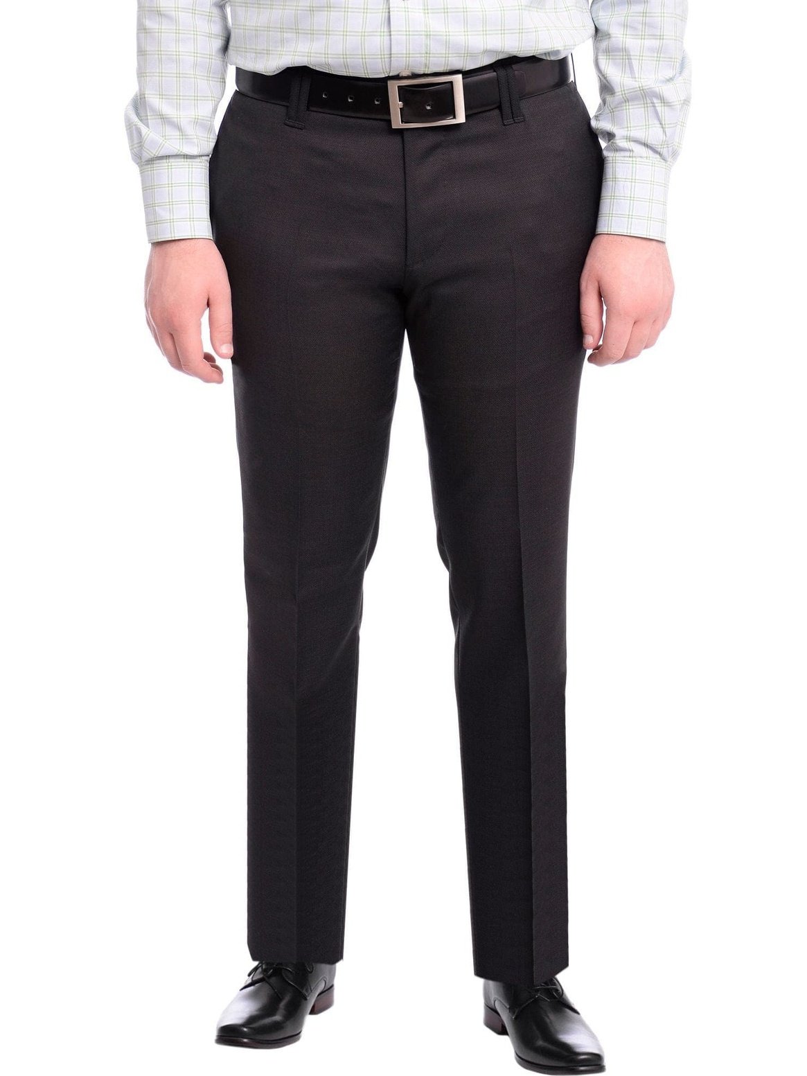 Napoli PANTS Napoli Slim Fit Black Textured Flat Front Wool Dress Pants