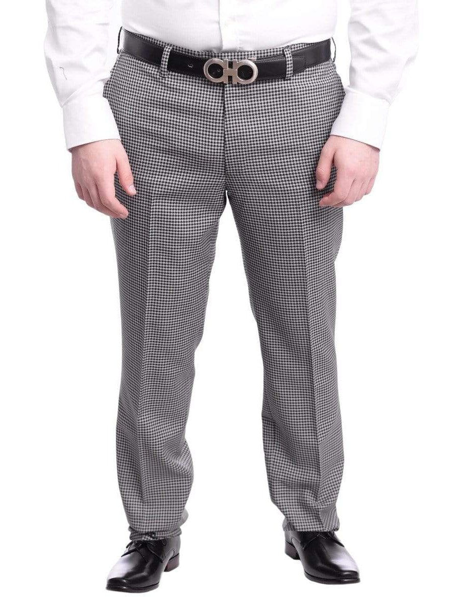 Napoli PANTS Napoli Slim Fit Gray Black Check Flat Front Wool Dress Pants