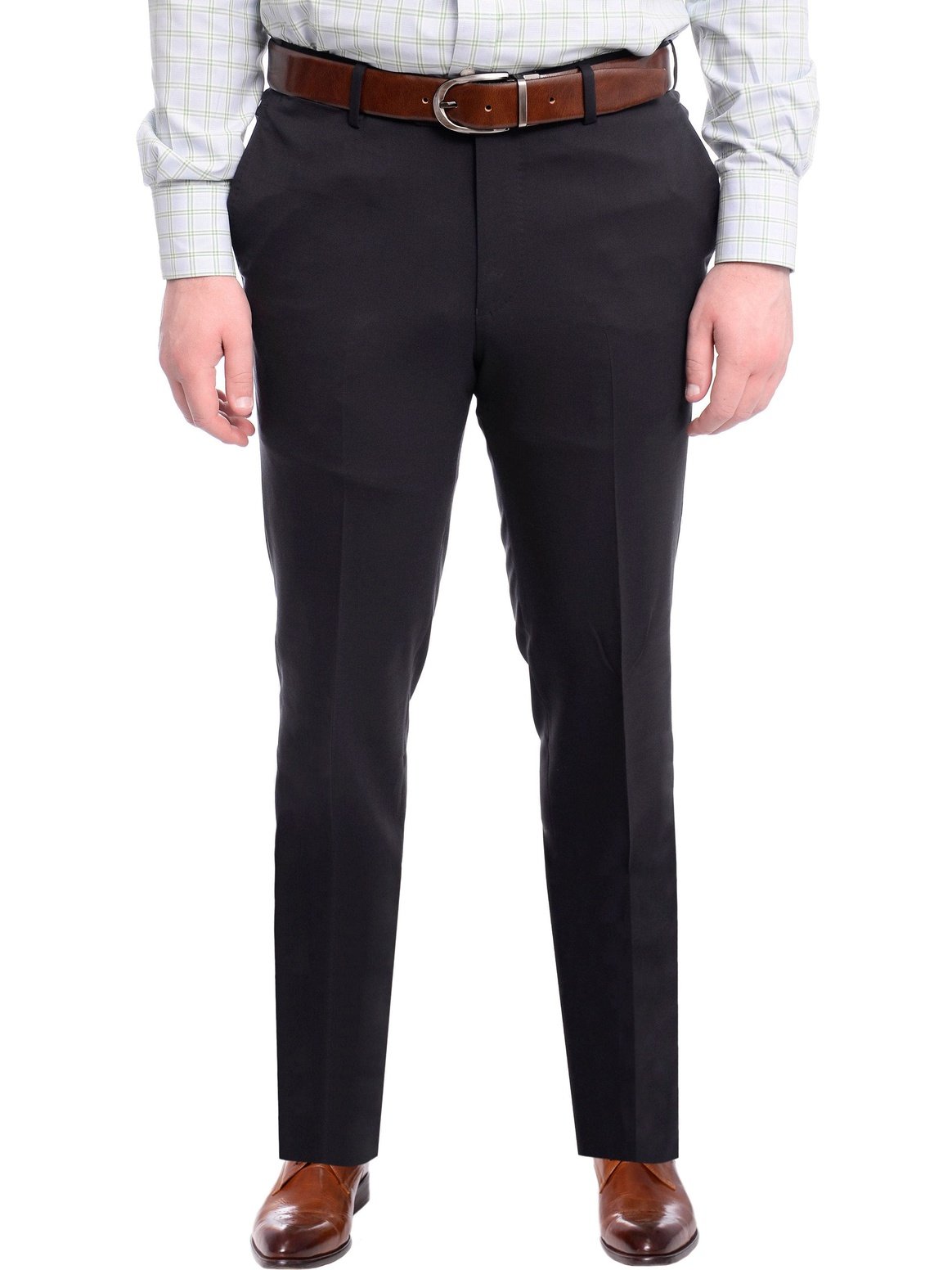 Napoli PANTS Napoli Slim Fit Solid Navy Blue Flat Front Wool Dress Pants