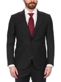 Thumbnail for Napoli SUITS Napoli Mens Black Pinstripe 100% Loro Piana Italian Wool Slim Fit Suit