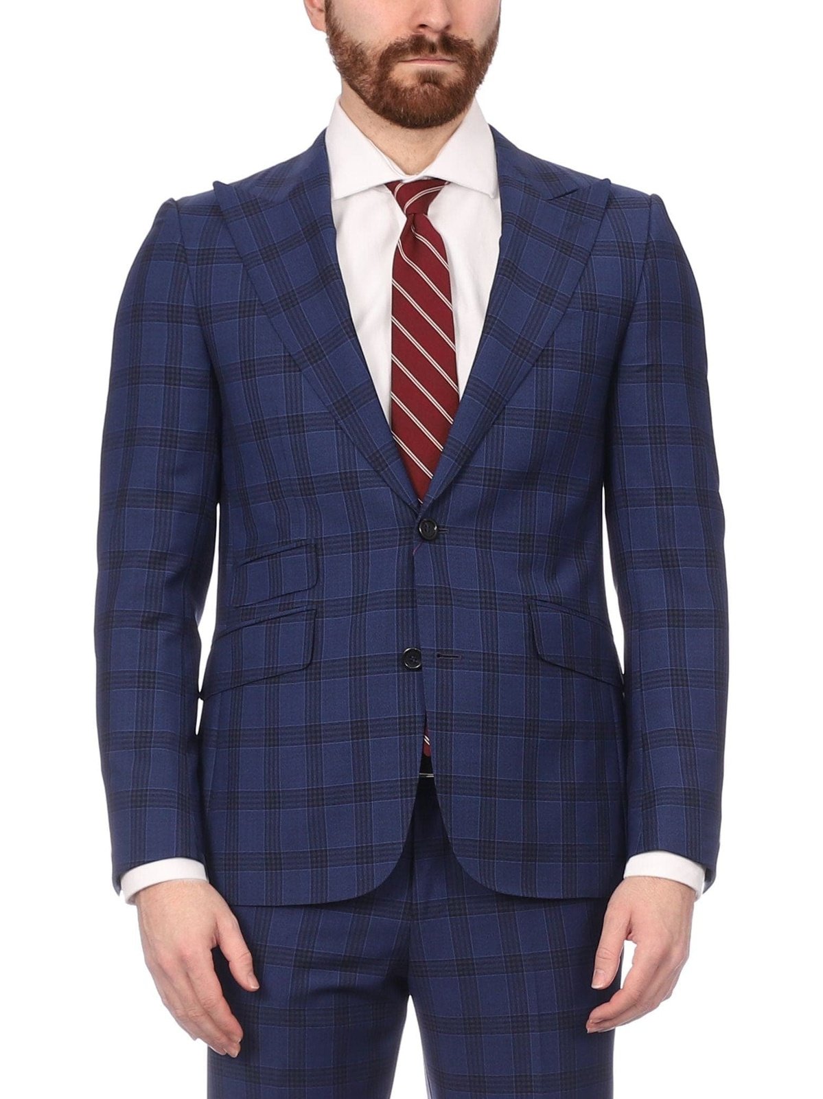 Napoli SUITS Napoli Mens Blue Plaid Half Canvassed 100% Italian Wool Slim Fit Suit