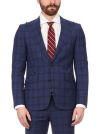 Thumbnail for Napoli SUITS Napoli Mens Blue Plaid Half Canvassed 100% Italian Wool Slim Fit Suit