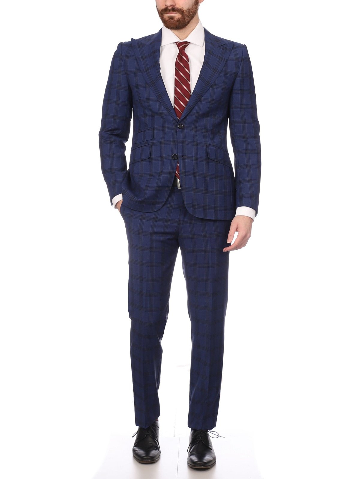 Napoli SUITS Napoli Mens Blue Plaid Half Canvassed 100% Italian Wool Slim Fit Suit