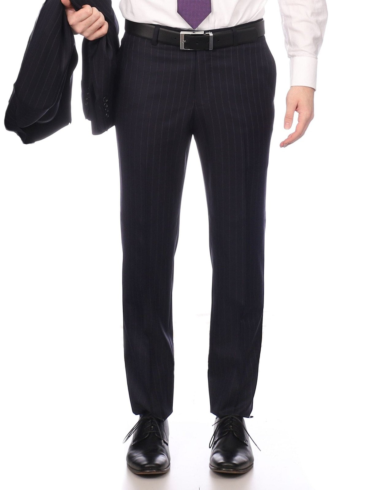 Napoli SUITS Napoli Mens Navy Pinstripe Half Canvassed Wool Slim Fit Suit With Peak Lapels