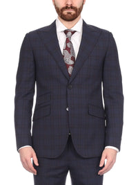 Thumbnail for Napoli SUITS Napoli Mens Navy & Purple Plaid 100% Wool Slim Fit Suit With Peak Lapels