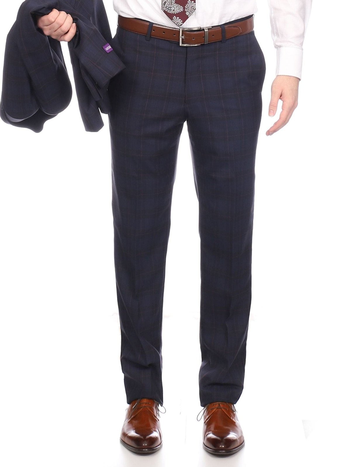 Napoli SUITS Napoli Mens Navy & Purple Plaid 100% Wool Slim Fit Suit With Peak Lapels