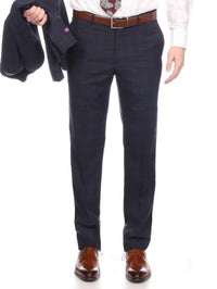 Thumbnail for Napoli SUITS Napoli Mens Navy & Purple Plaid 100% Wool Slim Fit Suit With Peak Lapels