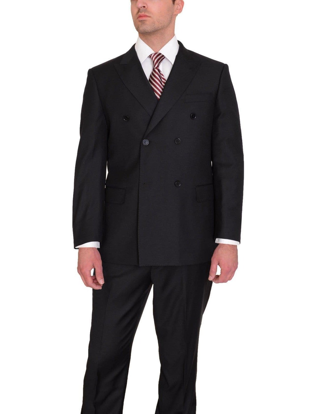 Private Label TWO PIECE SUITS Classic Fit Double Breasted Solid Black Wool Suit