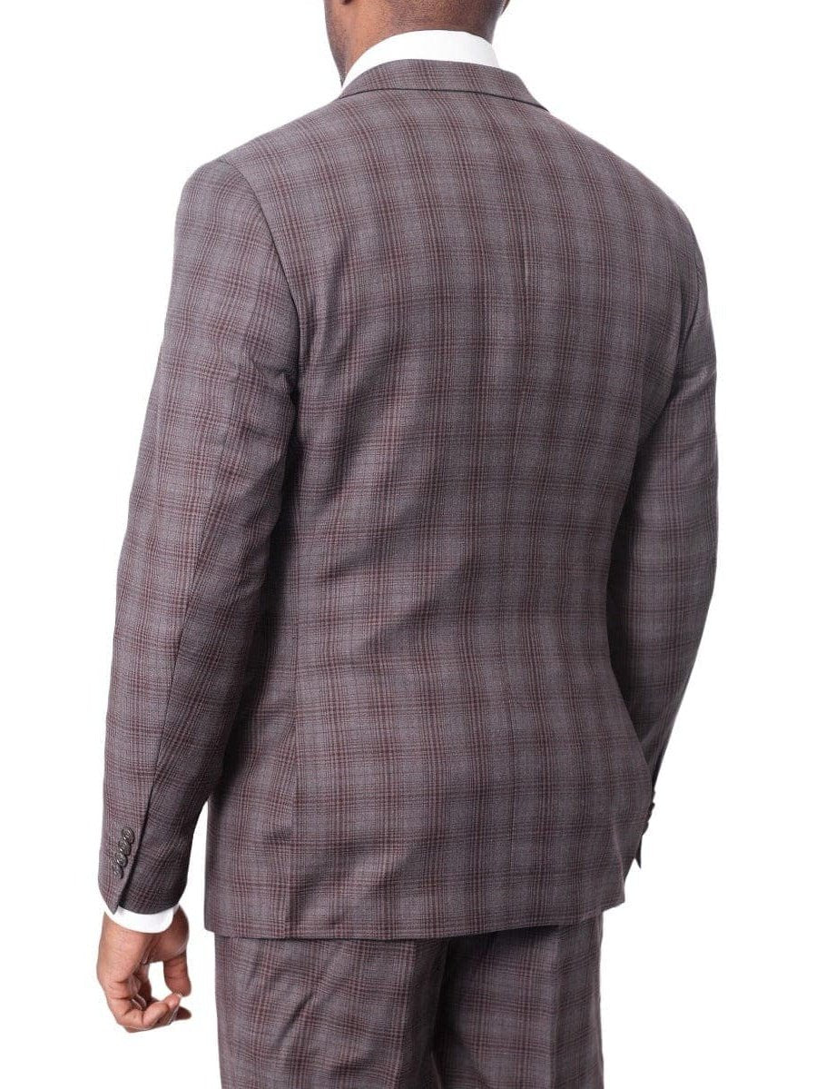 Prontomoda TWO PIECE SUITS Prontomoda Mens Brown Plaid 100% Wool Slim Fit Suit