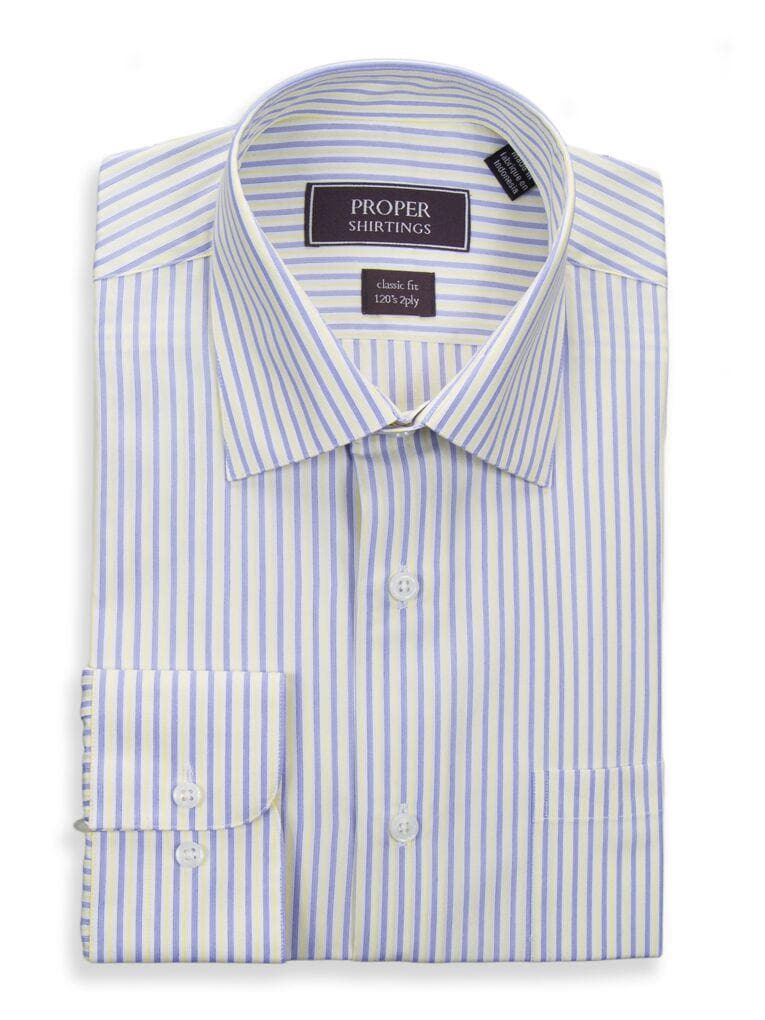 Proper Shirtings SHIRTS 15 1/2 34/35 Classic Fit Yellow Blue Striped Spread Collar 120's Cotton Dress Shirt