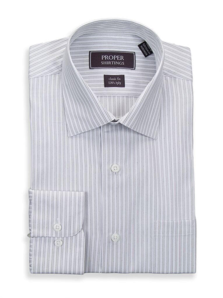 Proper Shirtings SHIRTS 15 1/2 34/35 Mens Classic Fit Silver Striped Semi Spread Collar 120's 2ply Cotton Dress Shirt