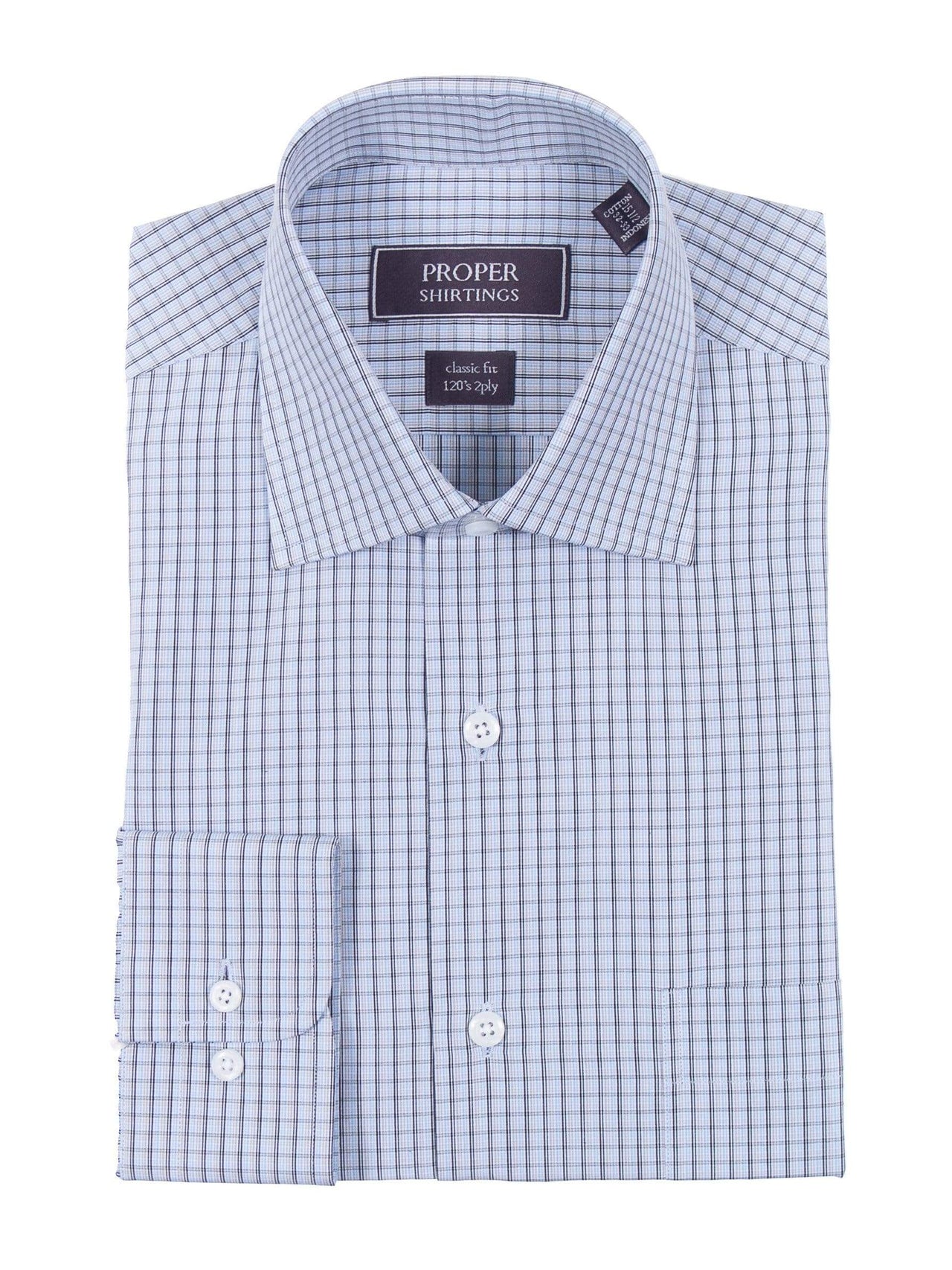 Proper Shirtings SHIRTS 16 1/2 36/37 Classic Fit Black Blue Tan Plaid Spread Collar 2 Ply Cotton Dress Shirt