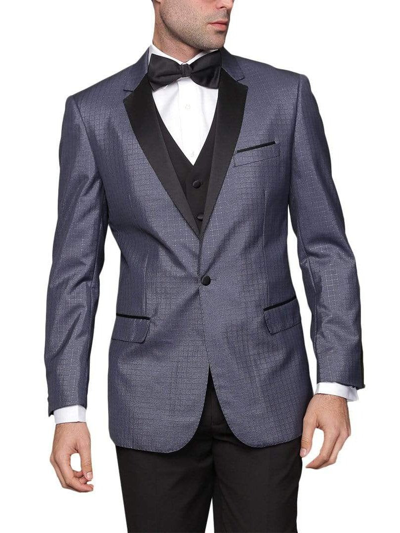 Statement THREE PIECE SUITS Mens Modern Fit Blue Sharkskin Plaid Three Piece One ButtonTuxedo Tux Suit