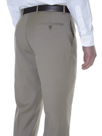 Thumbnail for Tommy Hilfiger Trim Fit Solid Khaki Tan Flat Front Worsted Wool Dress Pants - The Suit Depot