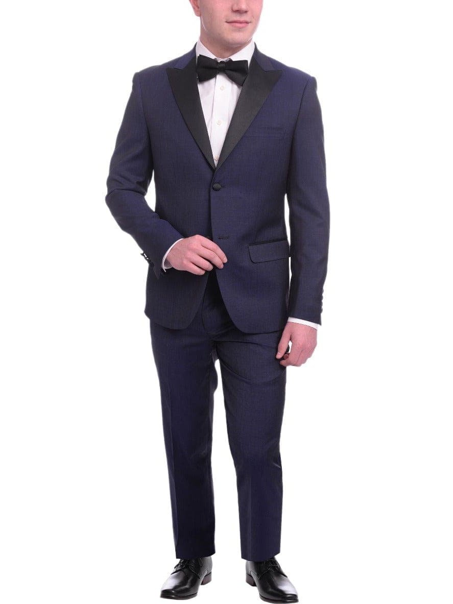 Unique by Dominic Wilkins Sale Suits Unique Slim Fit Midnight Blue Subtle Sheen Wool Tuxedo Suit Satin Peak Lapels